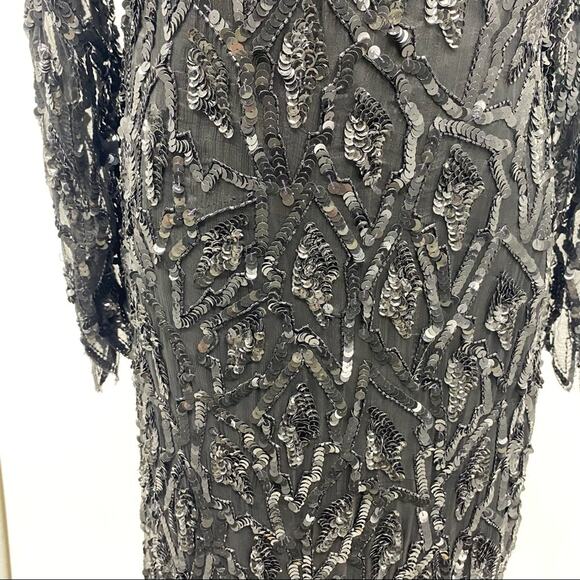 Vintage 80's black silk/bead/sequin midi shift dress shark tooth hem size Medium - Picture 13 of 13
